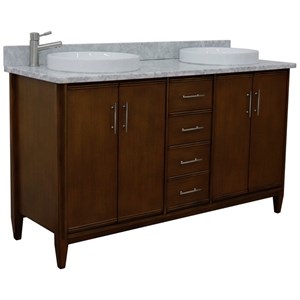 Pemberly Row 61&quot Double Round Sink Vanity with White Marble Stone in Walnut