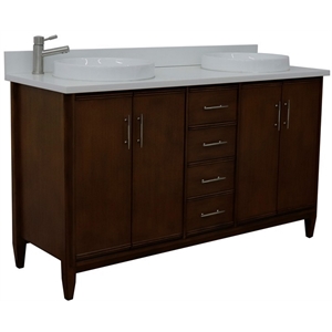 Pemberly Row 61&quot Double Round Sink Vanity with White Quartz Stone in Walnut