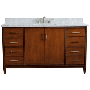 Pemberly Row 61&quot Rectangle Sink Vanity in Walnut/White Carrara Marble Stone