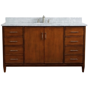 Pemberly Row 61&quot Single Oval Sink Solid Wood Vanity in Walnut/White Carrara