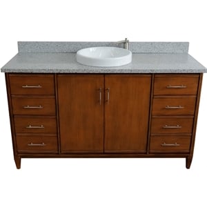 Pemberly Row 61&quot Single Round Sink Vanity with Gray Granite Stone in Walnut