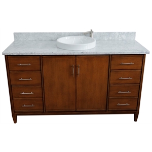 Pemberly Row 61&quot Single Round Sink Vanity with White Marble Stone in Walnut