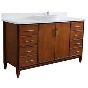 Pemberly Row 61&quot Single Round Sink Vanity with White Quartz Stone in Walnut
