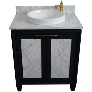 Pemberly Row 31&quot Round Sink Solid Wood Vanity in Dark Gray/White Carrara