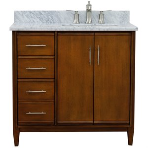 Pemberly Row 37&quot Solid Wood Vanity with Right Rectangle Sink in Walnut/White