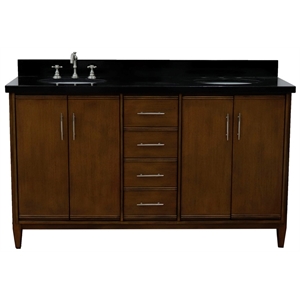 Pemberly Row 61&quot Double Oval Sink Solid Wood Vanity in Walnut/Black Galaxy
