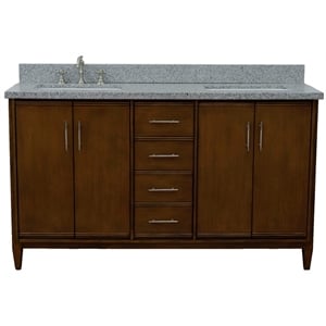 Pemberly Row 61&quot Double Rectangle Sink Vanity in Walnut/Gray Granite Stone