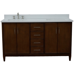 Pemberly Row 61&quot Double Rectangle Sink Vanity in Walnut/White Quartz Stone