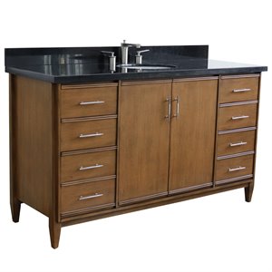 Pemberly Row 61&quot Single Oval Sink Solid Wood Vanity in Walnut/Black Galaxy