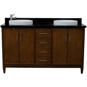 Pemberly Row 61&quot Double Round Sink Vanity with Black Granite Stone in Walnut