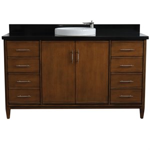 Pemberly Row 61&quot Single Round Sink Vanity with Black Granite Stone in Walnut