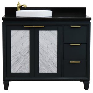 Pemberly Row 43&quot Solid Wood Vanity with Left Round Sink in Gray/Black Galaxy