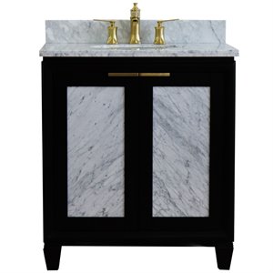 Pemberly Row 31&quot Single Oval Sink Solid Wood Vanity in Blue/White Carrara