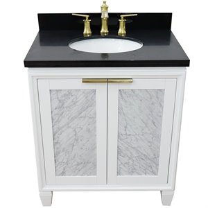 Pemberly Row 31&quot Single Oval Sink Solid Wood Vanity in White/Black Galaxy