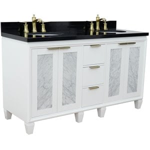 Pemberly Row 61&quot Double Oval Sink Solid Wood Vanity in White/Black Galaxy