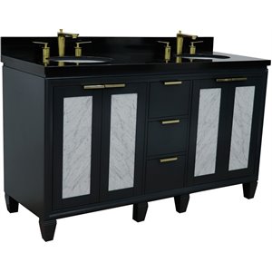 Pemberly Row 61&quot Double Oval Sink Vanity in Dark Gray/Black Granite Stone