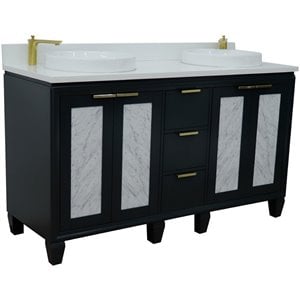 Pemberly Row 61&quot Double Round Sink Vanity in Dark Gray/White Quartz Stone