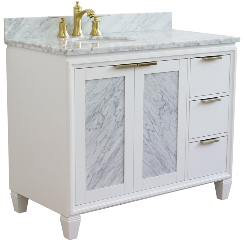 Pemberly Row Solid Wood Vanity with Left Oval Sink in White/White Carrara