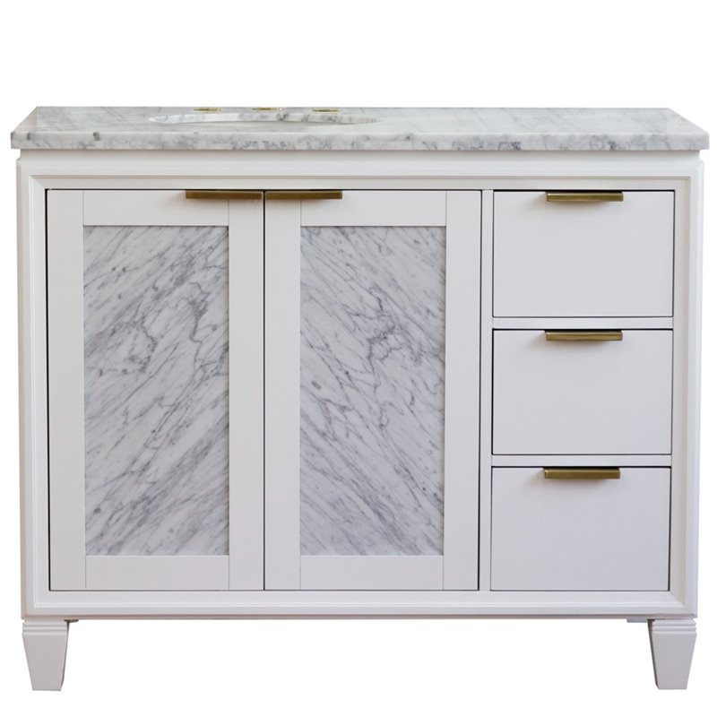 Pemberly Row Solid Wood Vanity with Left Oval Sink in White/White Carrara