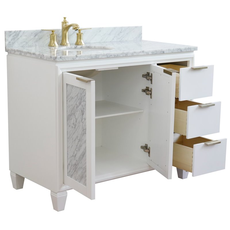 Pemberly Row Solid Wood Vanity with Left Oval Sink in White/White Carrara