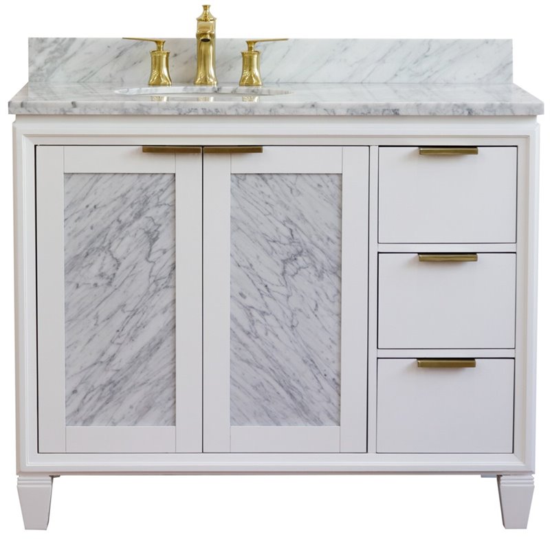 Pemberly Row Solid Wood Vanity with Left Oval Sink in White/White Carrara