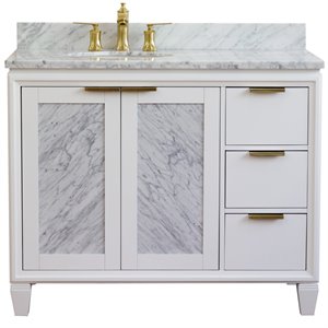 Pemberly Row Solid Wood Vanity with Left Oval Sink in White/White Carrara