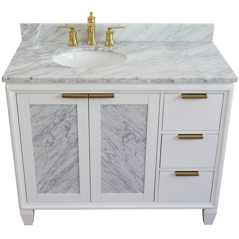 Pemberly Row Solid Wood Vanity with Left Oval Sink in White/White Carrara