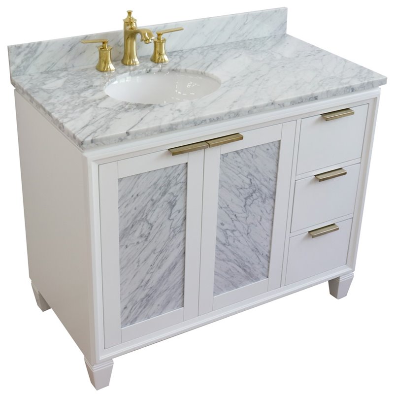 Pemberly Row Solid Wood Vanity with Left Oval Sink in White/White Carrara