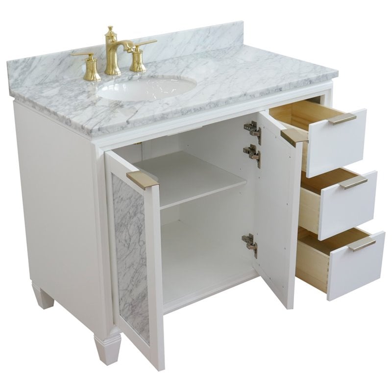Pemberly Row Solid Wood Vanity with Left Oval Sink in White/White Carrara