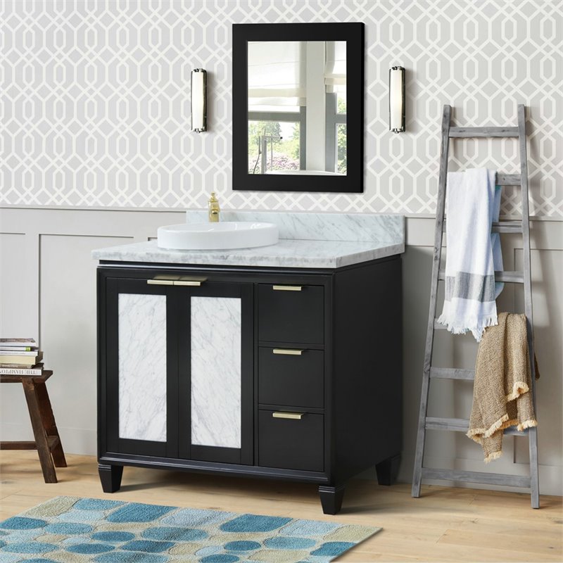 Pemberly Row Solid Wood Vanity with Left Round Sink in Blue/White Carrara