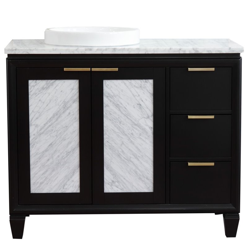 Pemberly Row Solid Wood Vanity with Left Round Sink in Blue/White Carrara