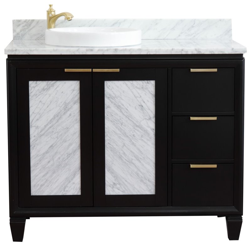 Pemberly Row Solid Wood Vanity with Left Round Sink in Blue/White Carrara
