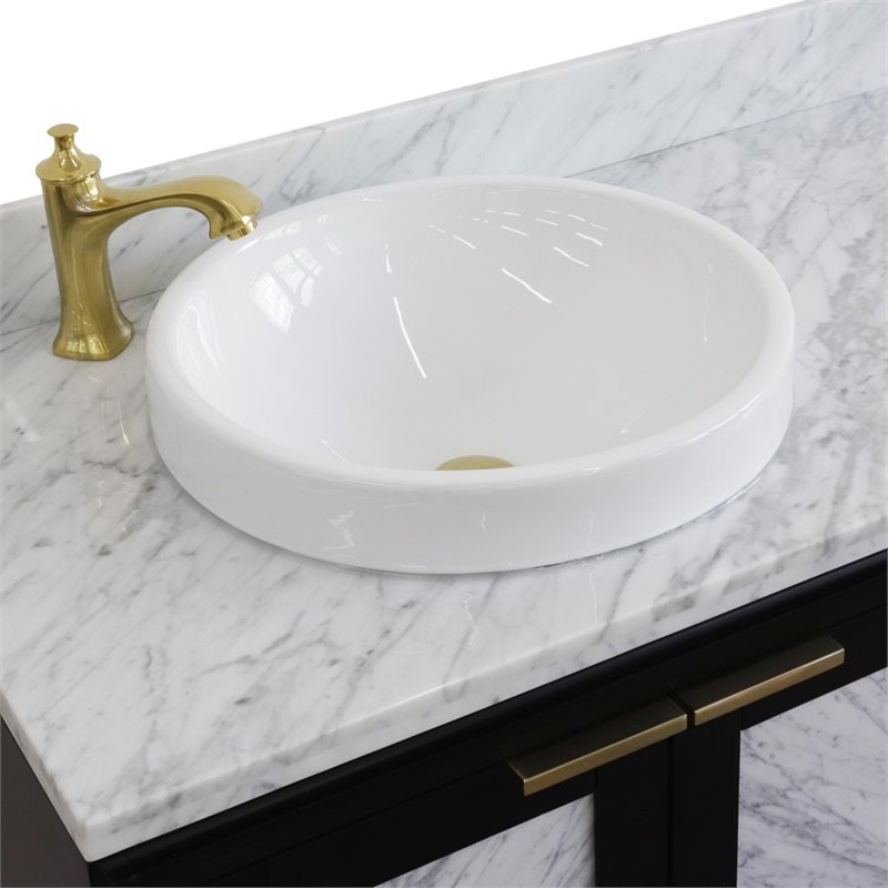 Pemberly Row Solid Wood Vanity with Left Round Sink in Blue/White Carrara