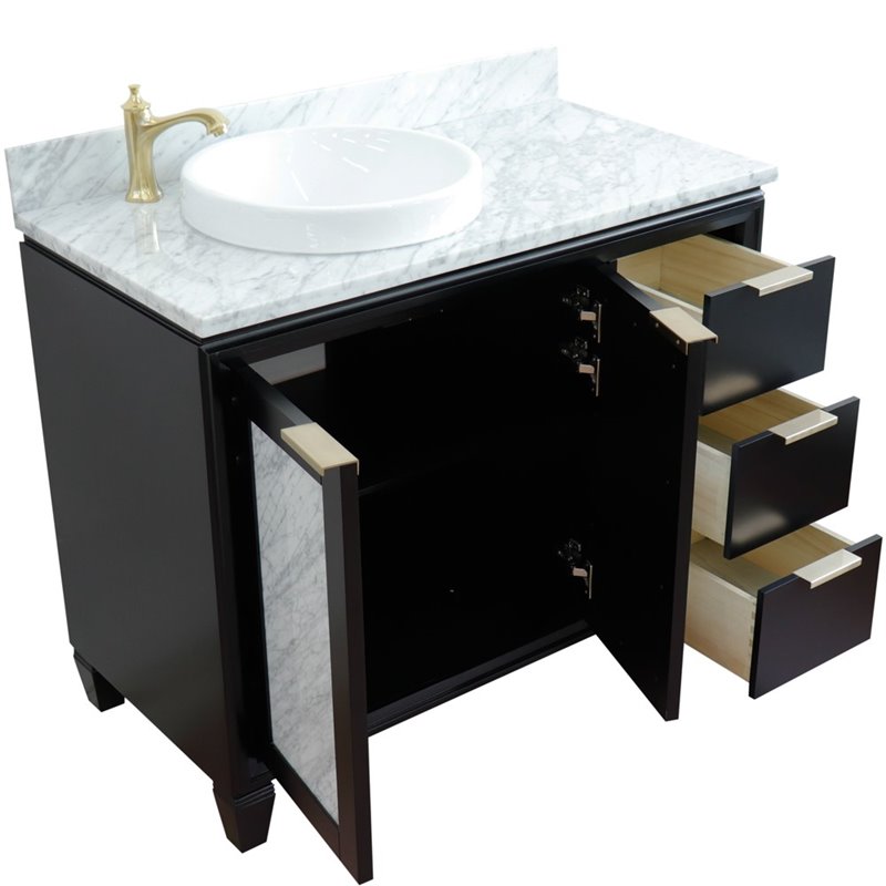 Pemberly Row Solid Wood Vanity with Left Round Sink in Blue/White Carrara