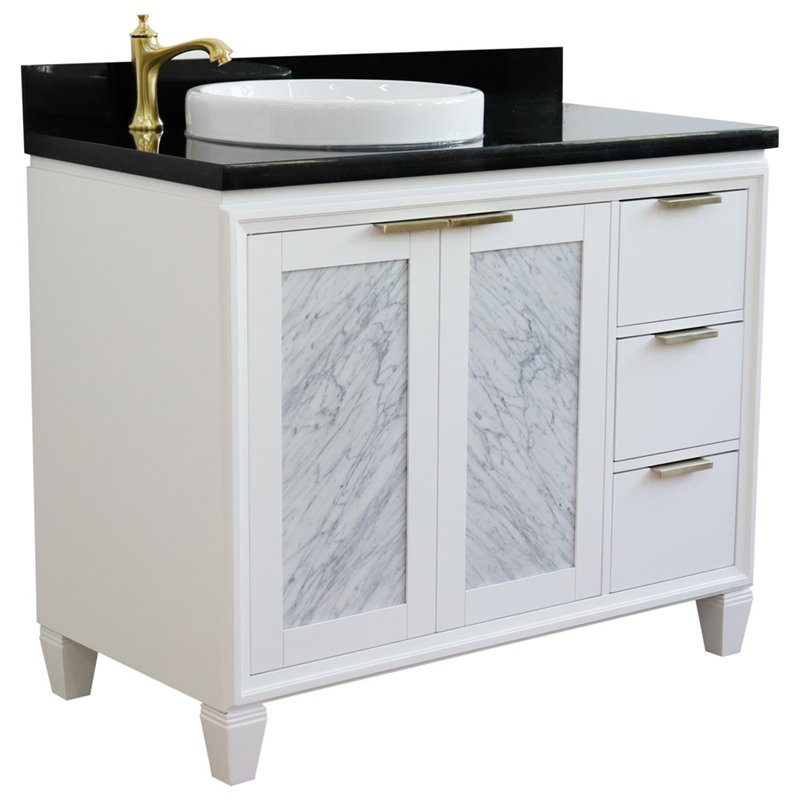 Pemberly Row Solid Wood Vanity with Left Round Sink in White/Black Galaxy