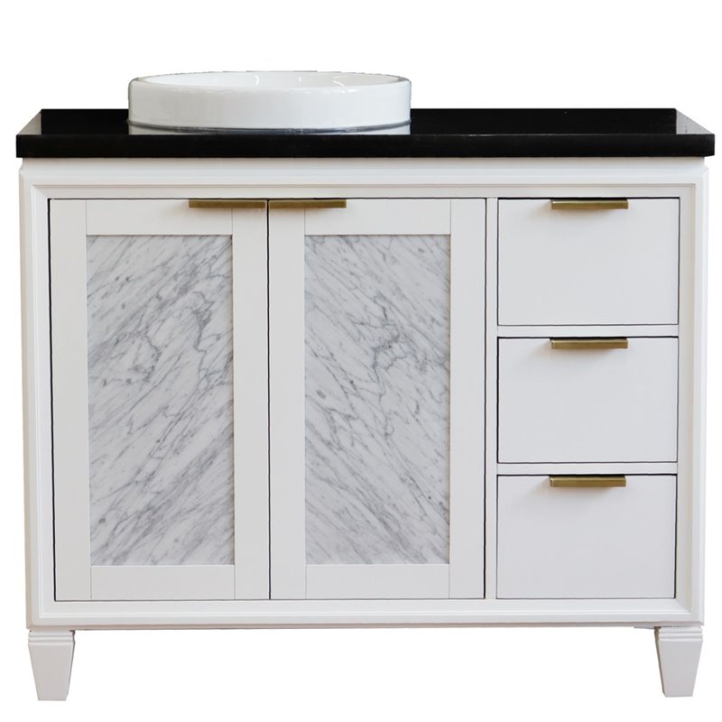 Pemberly Row Solid Wood Vanity with Left Round Sink in White/Black Galaxy