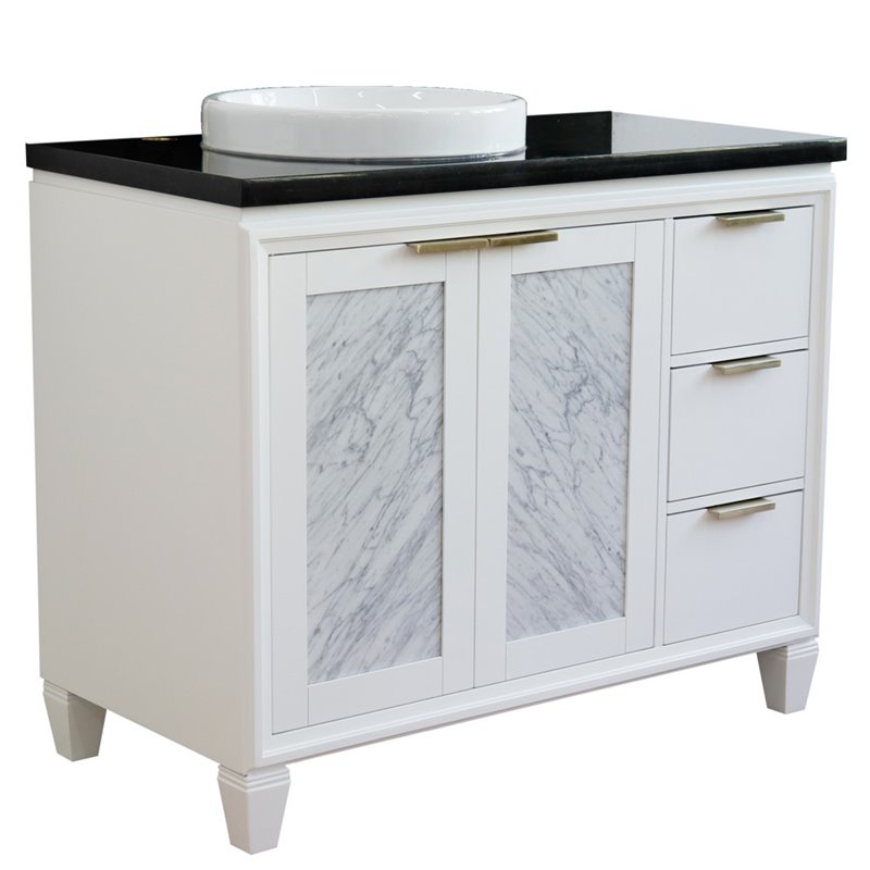 Pemberly Row Solid Wood Vanity with Left Round Sink in White/Black Galaxy