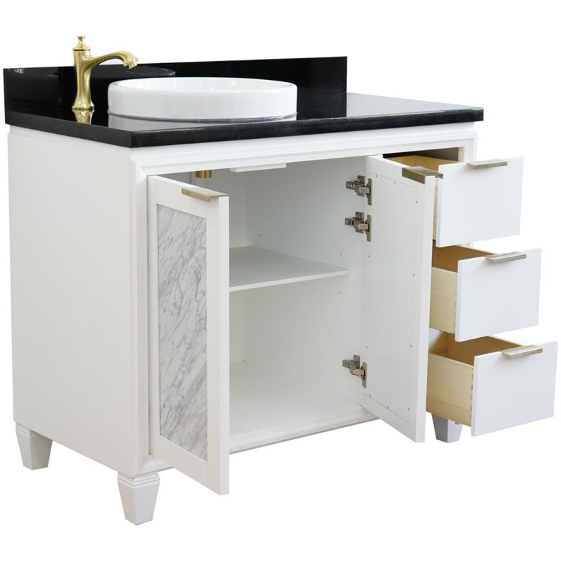 Pemberly Row Solid Wood Vanity with Left Round Sink in White/Black Galaxy
