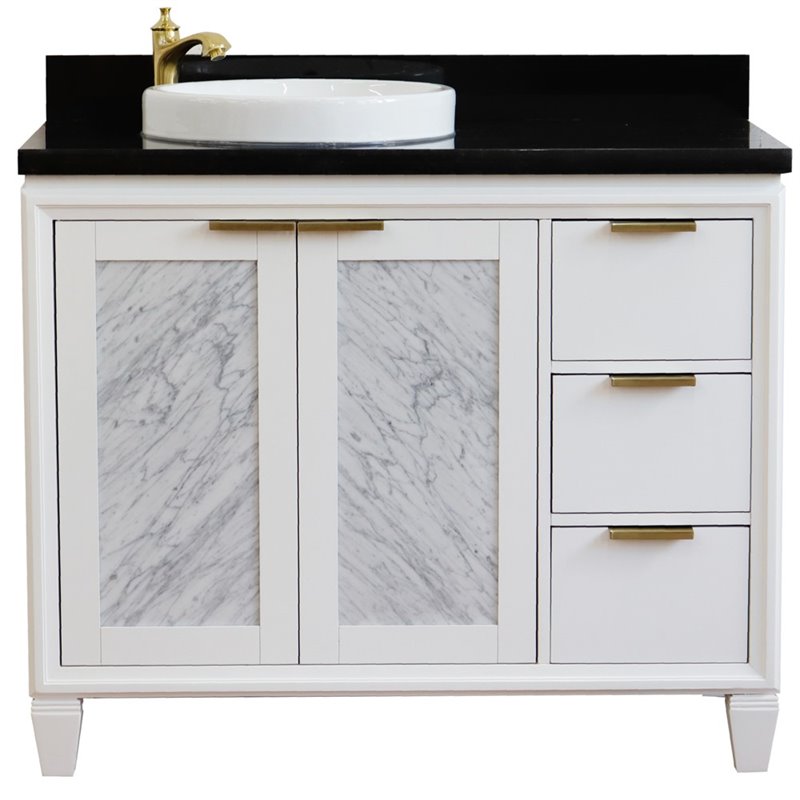 Pemberly Row Solid Wood Vanity with Left Round Sink in White/Black Galaxy
