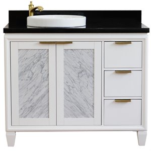 Pemberly Row Solid Wood Vanity with Left Round Sink in White/Black Galaxy