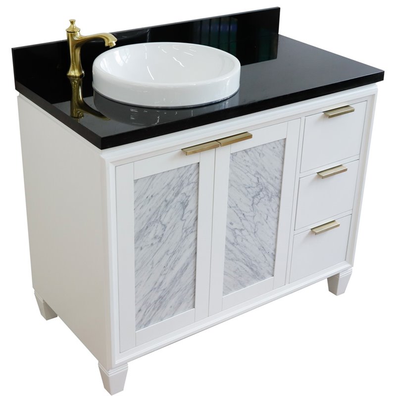 Pemberly Row Solid Wood Vanity with Left Round Sink in White/Black Galaxy
