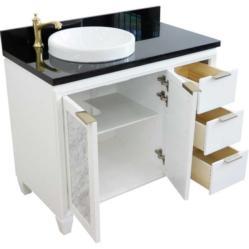 Pemberly Row Solid Wood Vanity with Left Round Sink in White/Black Galaxy