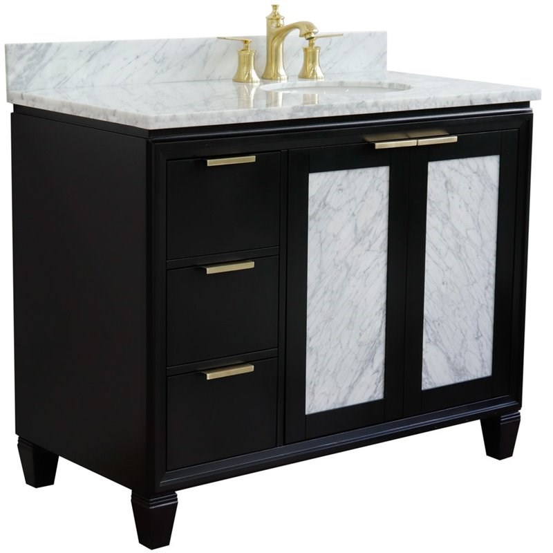 Pemberly Row Solid Wood Vanity with Right Oval Sink in Blue/White Carrara