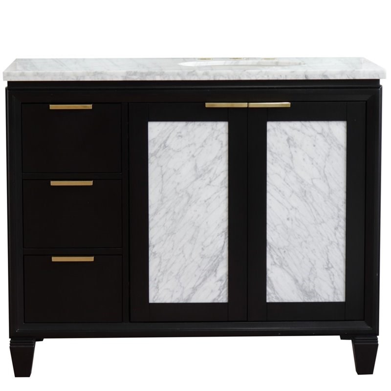 Pemberly Row Solid Wood Vanity with Right Oval Sink in Blue/White Carrara