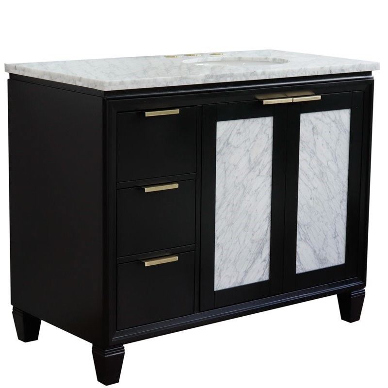 Pemberly Row Solid Wood Vanity with Right Oval Sink in Blue/White Carrara