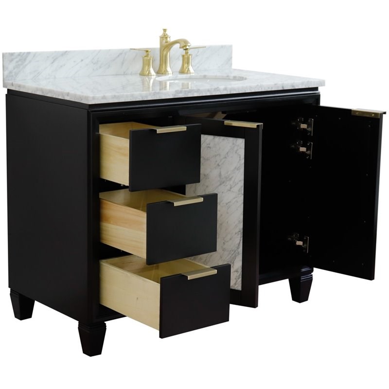 Pemberly Row Solid Wood Vanity with Right Oval Sink in Blue/White Carrara