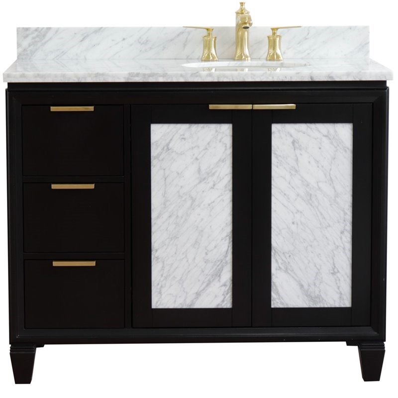 Pemberly Row Solid Wood Vanity with Right Oval Sink in Blue/White Carrara