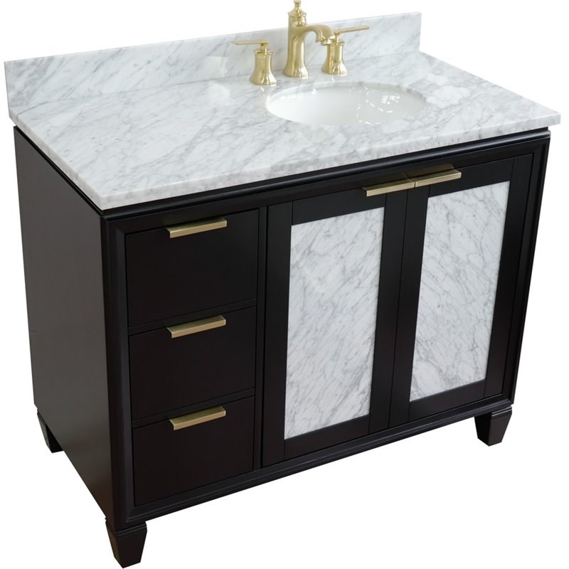 Pemberly Row Solid Wood Vanity with Right Oval Sink in Blue/White Carrara