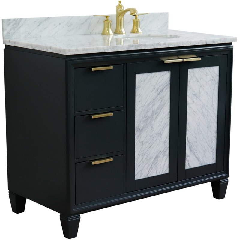 Pemberly Row Solid Wood Vanity with Right Oval Sink in Gray/White Carrara