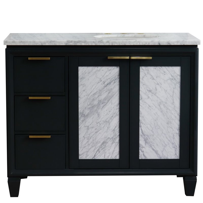 Pemberly Row Solid Wood Vanity with Right Oval Sink in Gray/White Carrara